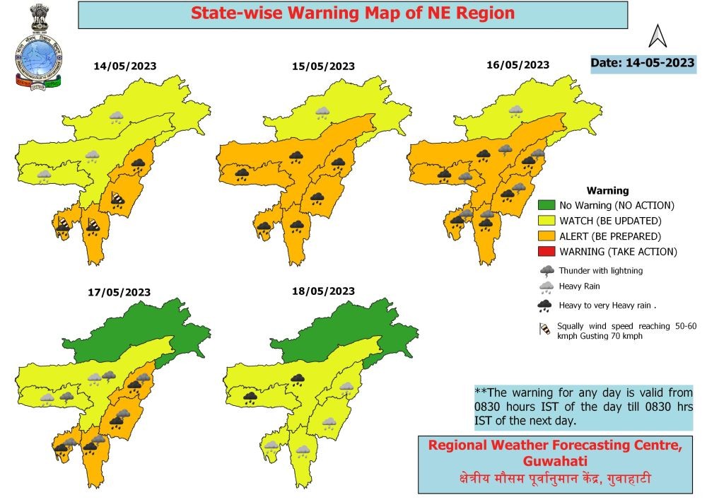 The State-wise weather ‘warning map’ for the North-East states from May 14-18 issued by the IMD’s Regional Met Centre Guwahati on May 14.  (Image Courtesy: @GuwahatiRmc/Twitter)
